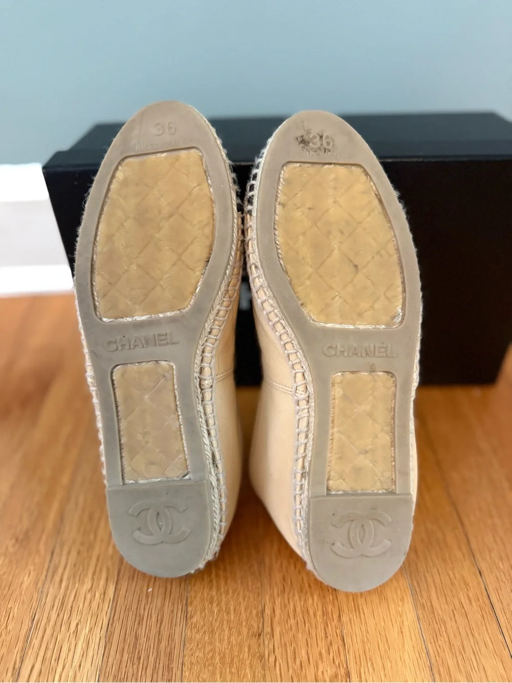 CHANEL Beige Leather Espadrilles with Black Cap Toe